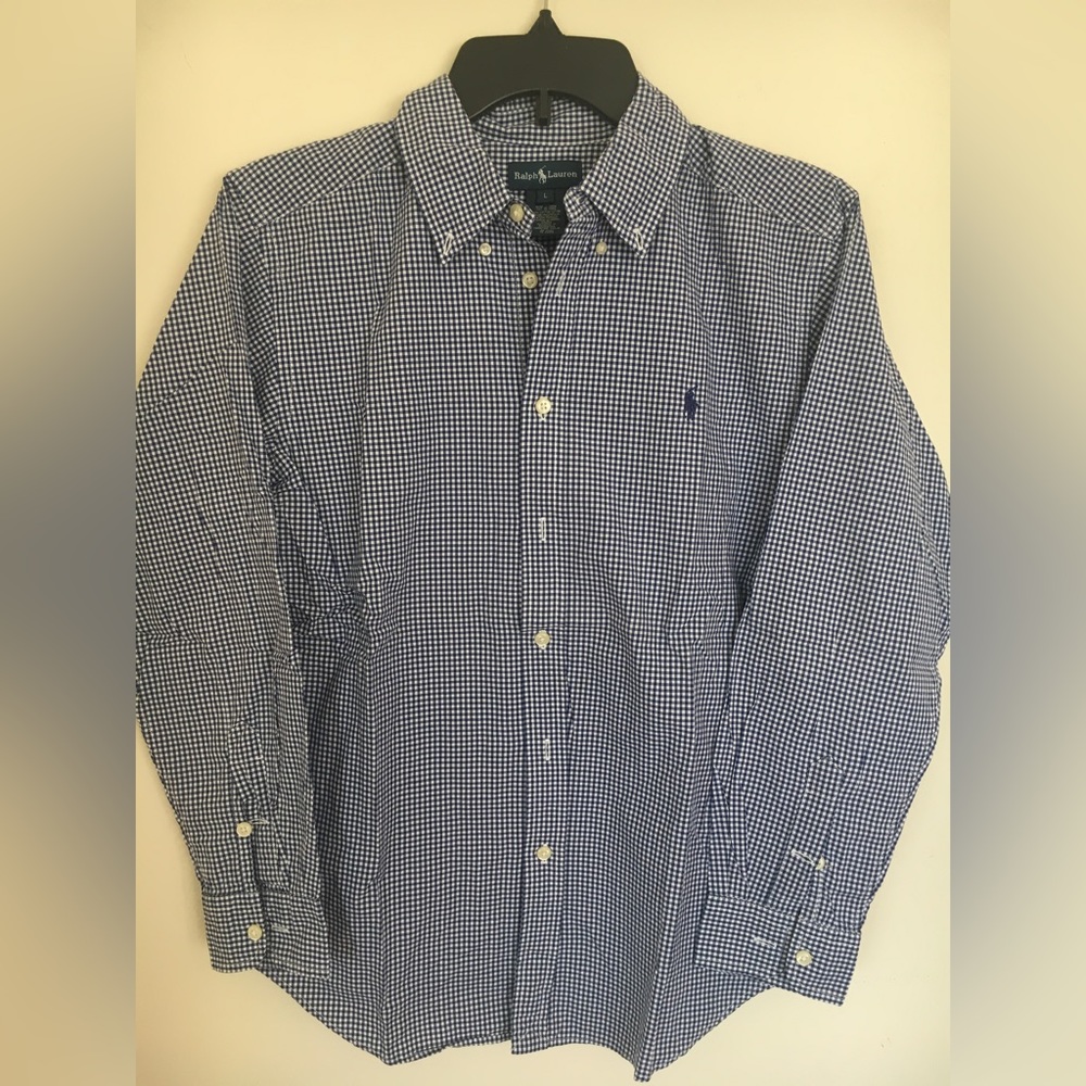 Polo Ralph Lauren Boys Checkered Navy Blue Button Down Shirt Size Large